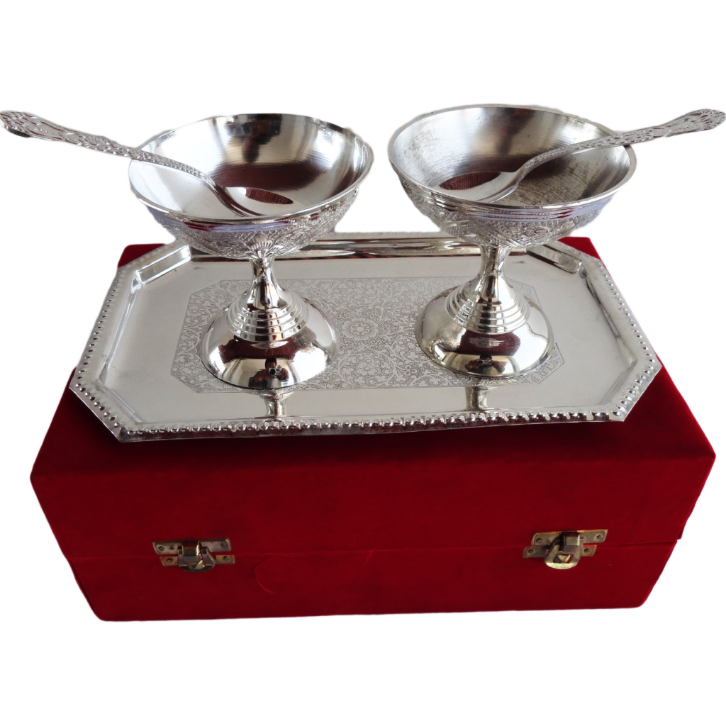 Brass Ice Cream Bowl Set In Silver Pating Packed In Red Velvet Box - 3. ...