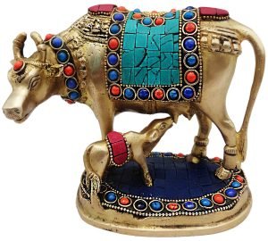 Brass Cow With Calf Gaye Bacdha with Turquoise Coral stone work- 5*3.5*5.5 Inch - Image 3