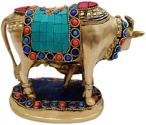 Brass Cow With Calf Gaye Bacdha with Turquoise Coral stone work- 5*3.5*5.5 Inch - Image 4