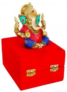 Brass Ganeshji With Turquoise Coral Stone Work Packed In Red Velvet Box - 5*3*6 inch - Image 2