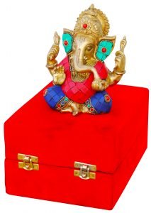 Brass Ganeshji With Turquoise Coral Stone Work Packed In Red Velvet Box - 5*3*6 inch - Image 3