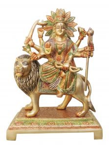 Brass Durga Ji Statue/Murti/Idol With Color Lacquer Finish - 12.5 Inch
