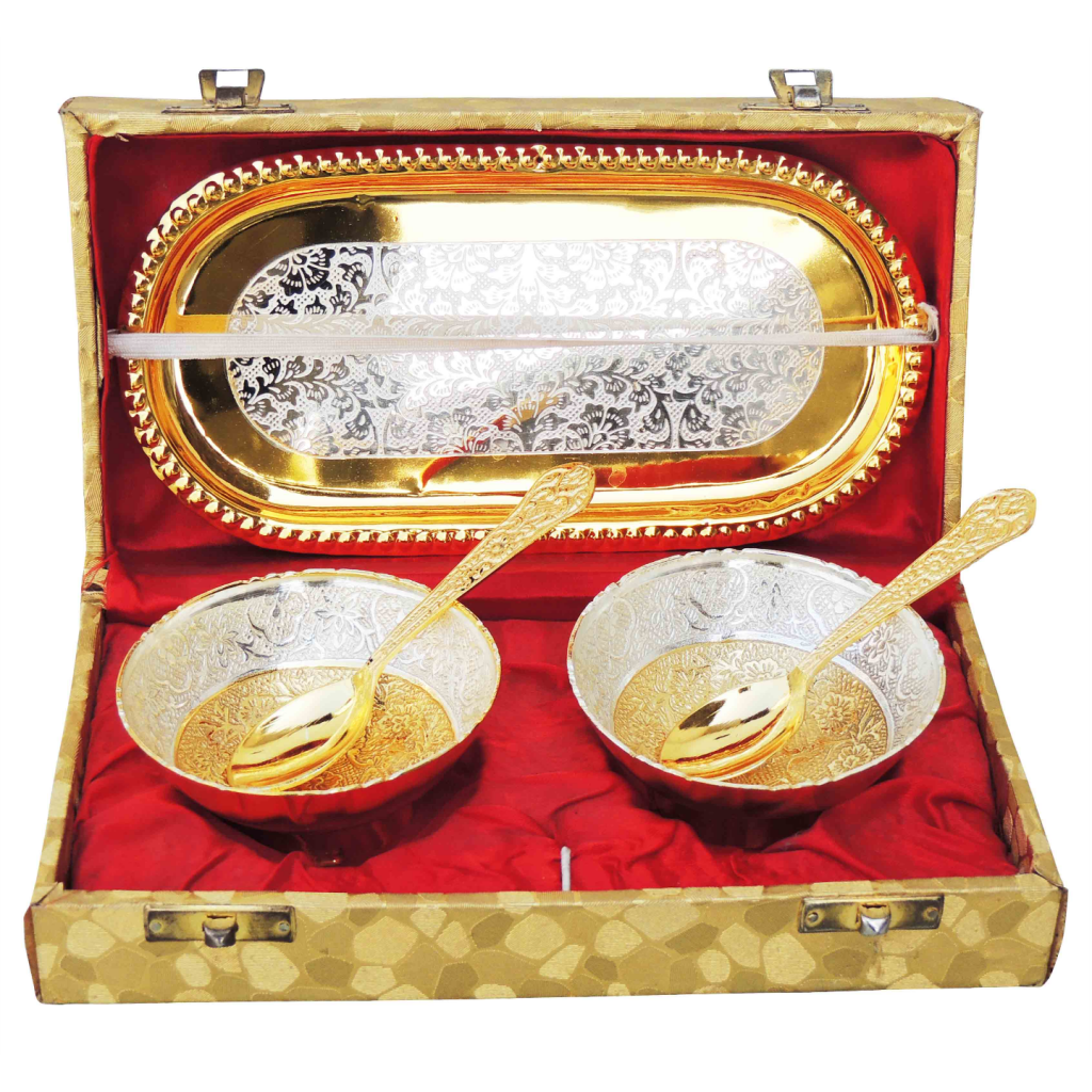 Brass Gold And Silver Plated Two Bowl And Spoon Set shrigram organics