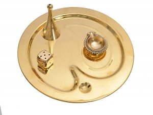 Brass Puja Thali Set with Deepak, Agarbatti Stand and Ganti (Bell)  - 9 Inch - Image 2
