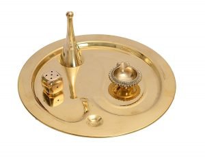 Brass Puja Thali Set with Deepak, Agarbatti Stand and Ganti (Bell)  - 9 Inch
