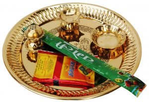 Brass Puja Pooja Thali With Deepak Agarbatti Stand And Roli Hold With Agarbatti And Sindur Packet - 11.7*11.7*1.8 inch - Image 2