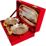 Brass Kamal Lotus Shape Gold and Silver Plated Two Bowl And Spoon Set - Image 3