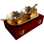 Brass Kamal Lotus Shape Gold and Silver Plated Two Bowl And Spoon Set - Image 4