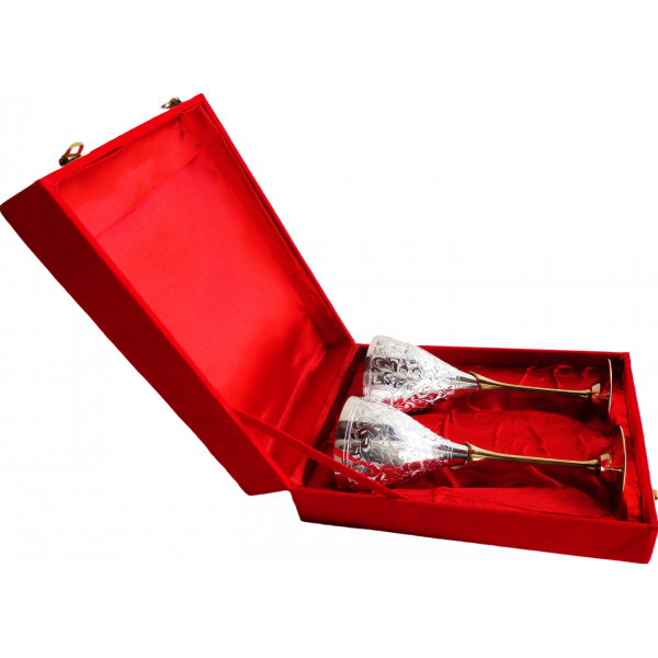 The Bombay Store Brass Goblet Set of 2 with Red Velvet Box