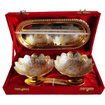 Brass Kamal Lotus Shape Gold and Silver Plated Two Bowl And Spoon Set
