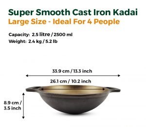 Pre-Seasoned Super Smooth Cast Iron Kadai/Kadhai for Cooking and deep Frying | Loha Kadai | Gas Stove and Induction Friendly | Naturally Non-Stick (D:26cms, 2.45 Kg) - Image 2