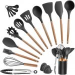 Silicone Heat Resistant Wooden Handle Spoons Kitchen Utensils Set with Holder Spatulas Turner Tongs Whisk Appliances for Cooking -18 PCS