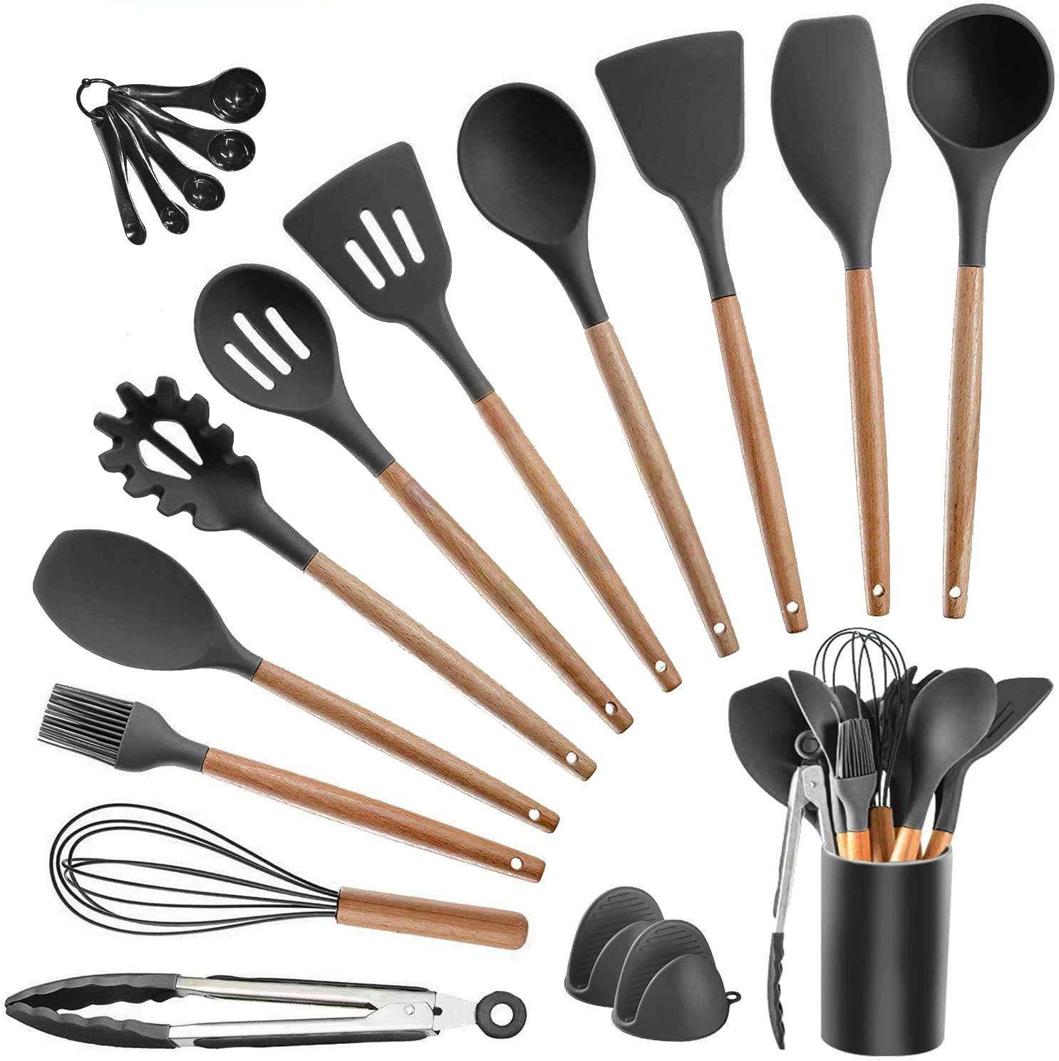 Dishwasher Safe Silicone Cooking Utensils - Heat Resistant Kitchen Utensil  Set with Stainless Steel Handle, Spatula,Turner, Slotted Spoon,Tong, Kitchen  Gadgets for Non-Stick Cookware, BPA FREE (Grey) 
