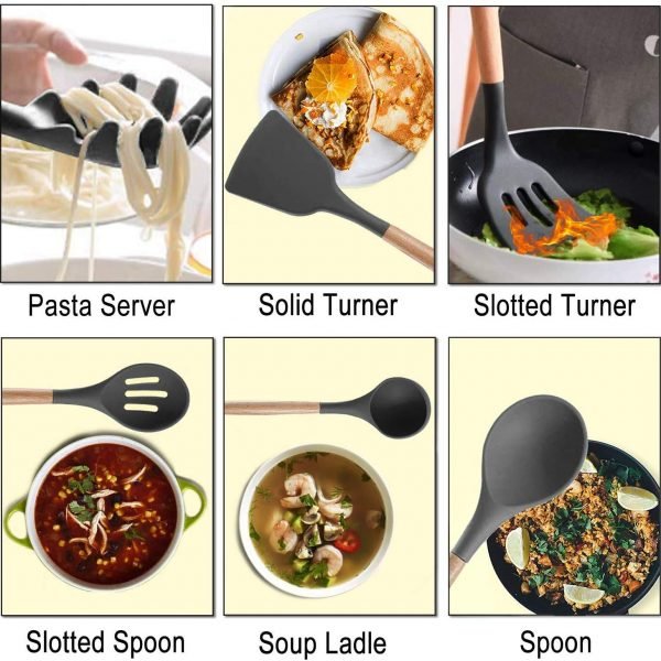 Large Silicone Cooking Utensils - Heat Resistant Kitchen Utensil Set with Wooden Handles, Spatula,Turner, Slotted Spoon, Pasta Server, Kitchen Gadgets