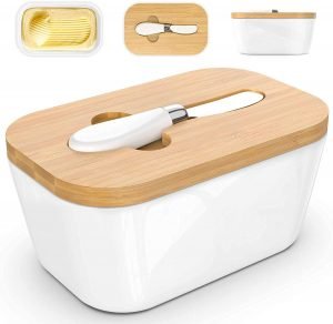 Butter Dishes Ceramic, A Large Porcelain Butter Keeper with Bamboo Lid and Steel Knife Butter Dish with Wooden Top Cover