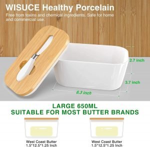 Butter Dishes Ceramic, A Large Porcelain Butter Keeper with Bamboo Lid and Steel Knife Butter Dish with Wooden Top Cover - Image 6