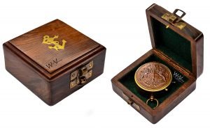 Antique Brass Pocket Compass with Wooden Box