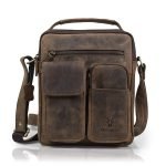 Unisex Hunter Leather 11”Inch Multi Pocket Messenger Bags, (Coffee Brown)