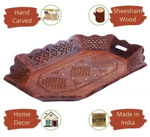 Large Wooden Tray - 18x12 Inch, Tea Tray with 4 Wooden Coasters, Hand Carved Serving Tray with Brass Inlay, Wooden Tray for Decoration, Wooden Tray for Serving 10 Cups - Image 2