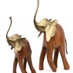 2 Wooden Elephants with Golden Head | Wooden Figurines & Sculptures - Handcrafted | Suitable for Home Décor and Gifting | Set of 2 | Premium Showpiece (42cm & 31cm)