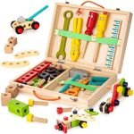 Wooden Tool Kit Set w| Pretend Play Portable Construction Tools Kit Toys for Kids | 33 Piece (3-8 Years)