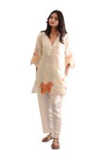 Women 100% Muslin cotton with Embroidery  Kurta Pant Set - Beige color - Image 2