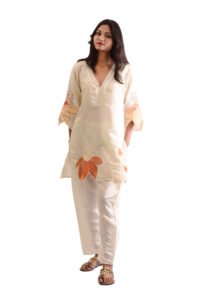 Women 100% Muslin cotton with Embroidery  Kurta Pant Set - Beige color - Image 2