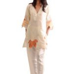 Women 100% Muslin cotton with Embroidery  Kurta Pant Set - Beige color