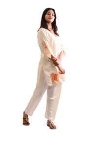 Women 100% Muslin cotton with Embroidery  Kurta Pant Set - Beige color - Image 3